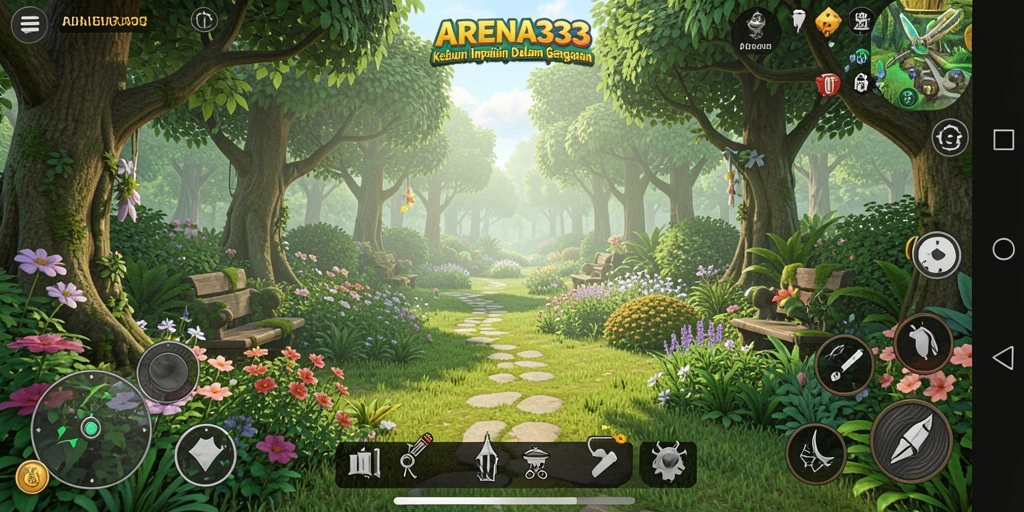 Screenshot dari gameplay ARENA333 menunjukkan kebun yang subur dan interaksi dengan hewan ternak.