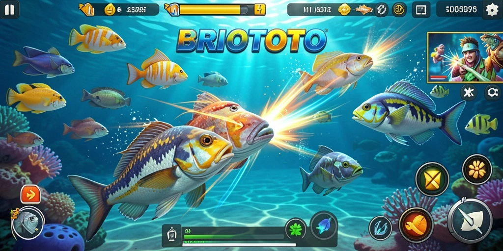 Gameplay BRIOTOTO menampilkan aksi seru menangkap ikan.
