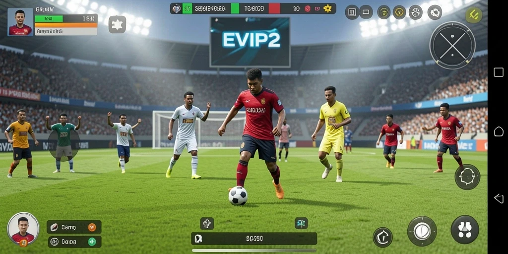 Screenshot utama EVIP2 menampilkan aksi pertandingan sepak bola yang intens.