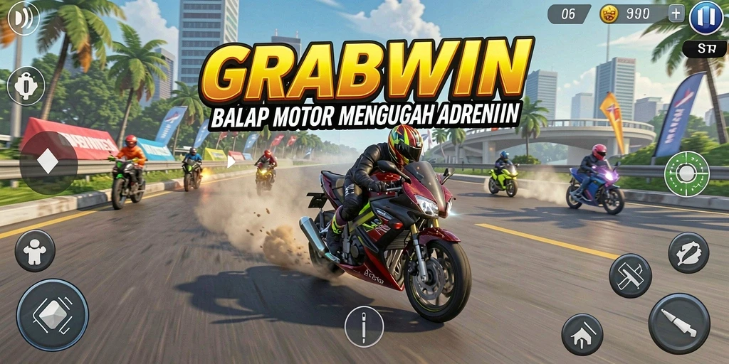 Screenshot gameplay <strong>GRABWIN</strong> yang menunjukkan aksi balap motor yang mendebarkan.