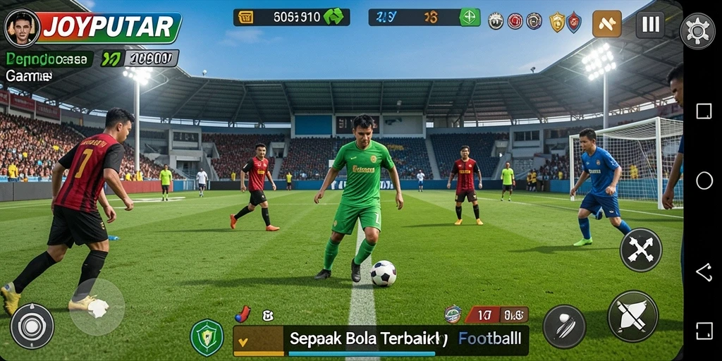 Tangkapan layar permainan JOYPUTAR menampilkan pertandingan sepak bola yang seru.