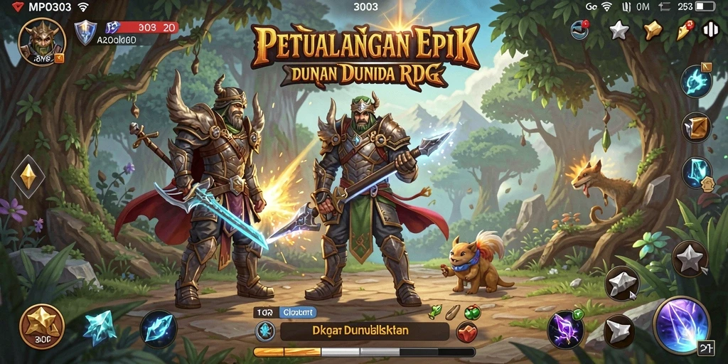 Screenshot gameplay MPO303 dengan aksi pertempuran karakter RPG.