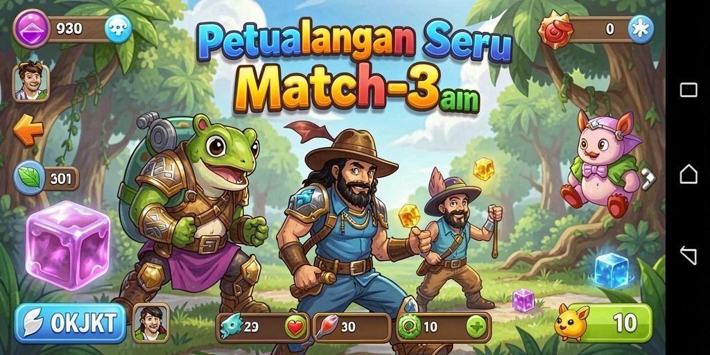 Screenshot gameplay OKJKT menampilkan momen seru dalam permainan Match-3.