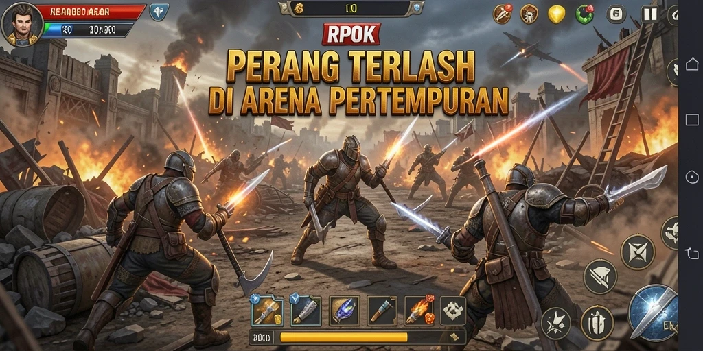 Tangkapan layar dari gameplay RPOK menunjukkan pertempuran seru dalam arena.