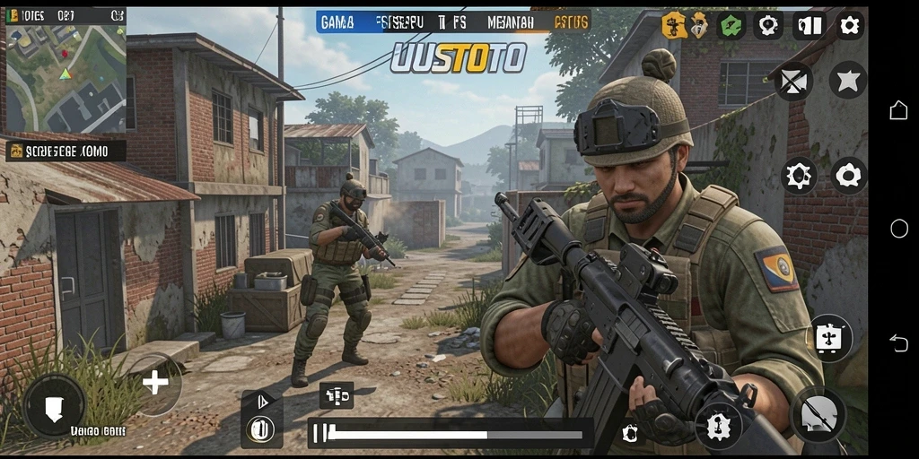 Tangkapan layar utama UUSTOTO menampilkan aksi gameplay FPS yang mendebarkan.