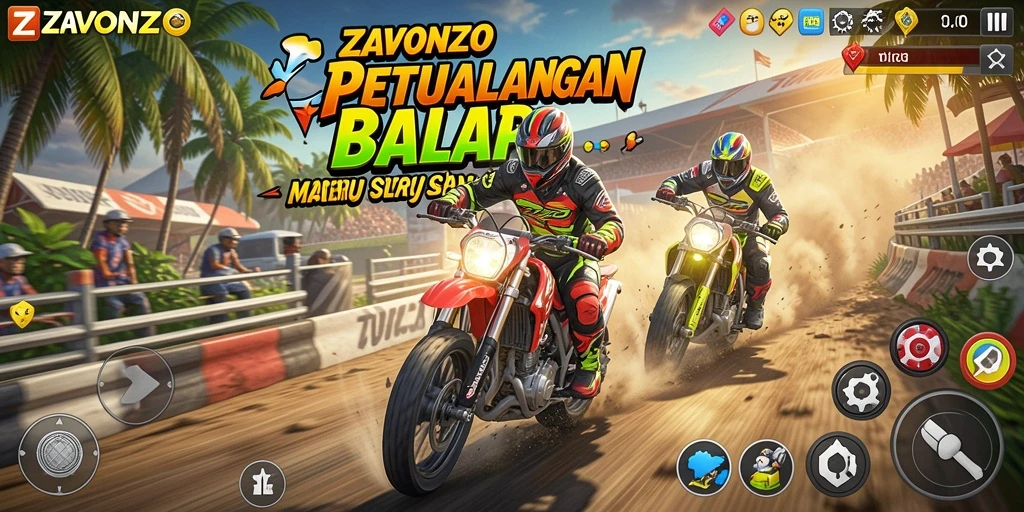 Tampilan gameplay menegangkan pada balapan ZAVONZO yang seru.